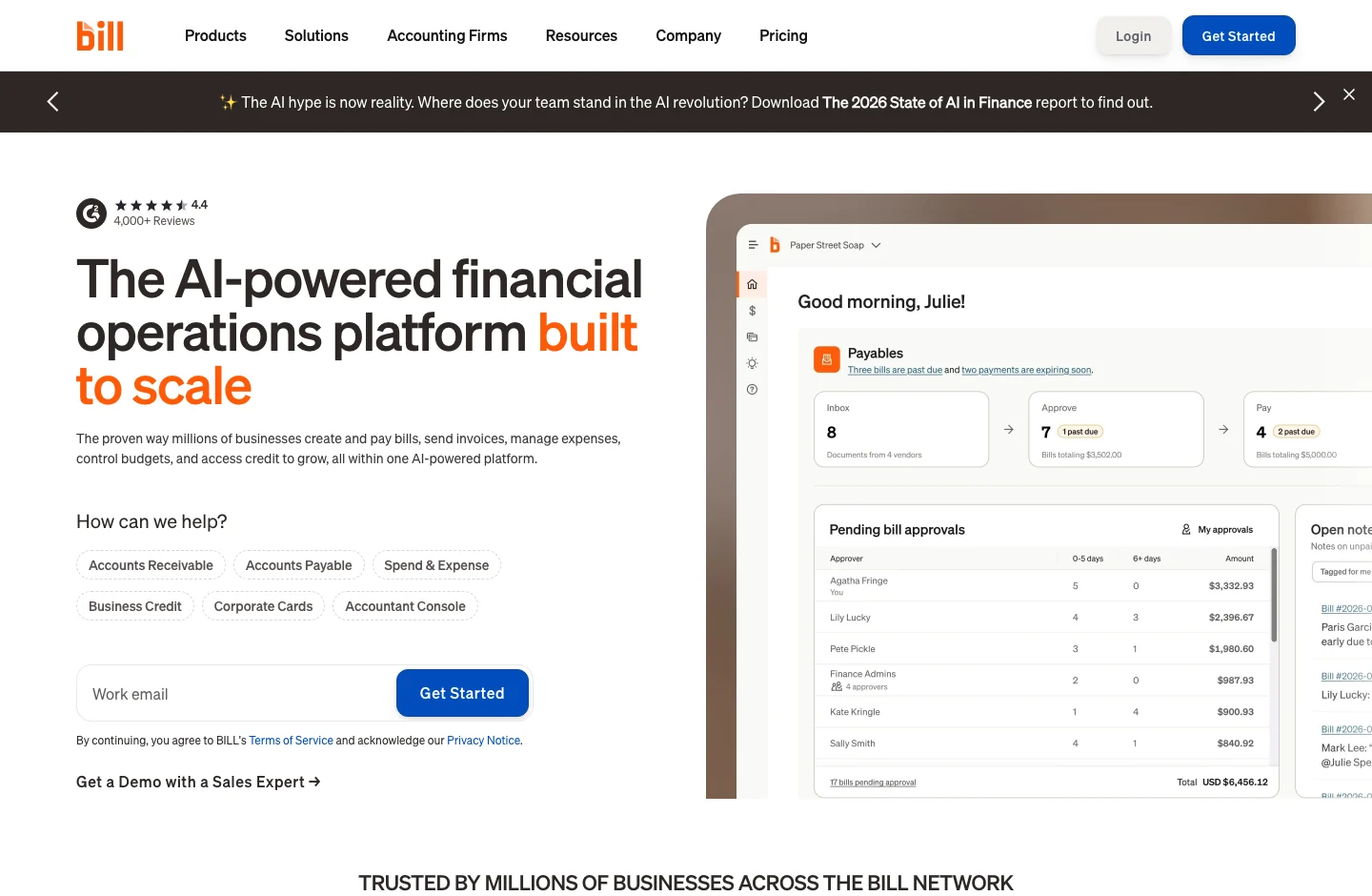 BILL home page, with its product proposal