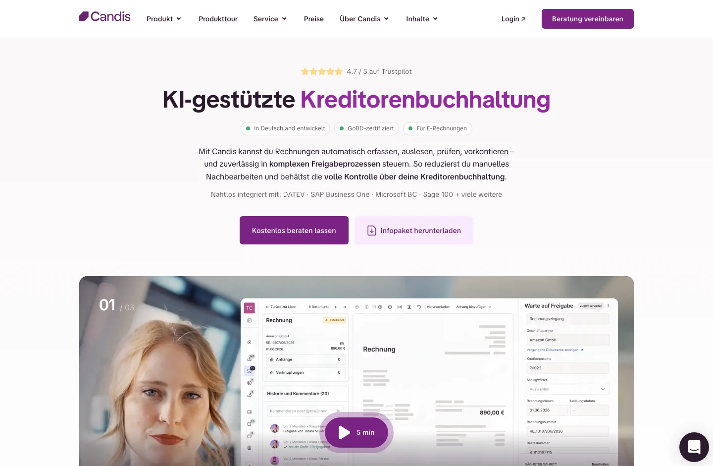 Candis home page, with its product proposal