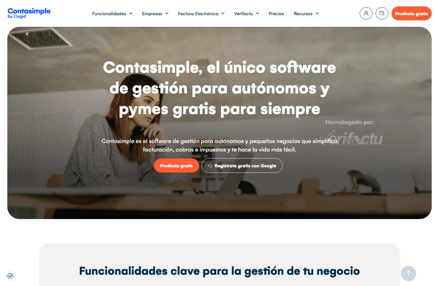 Contasimple home page, with its product proposal