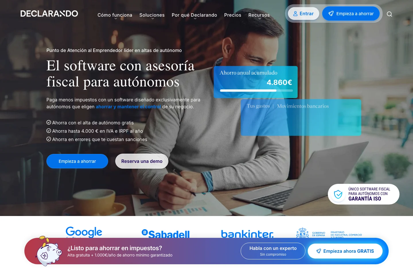 Declarando home page, with its product proposal