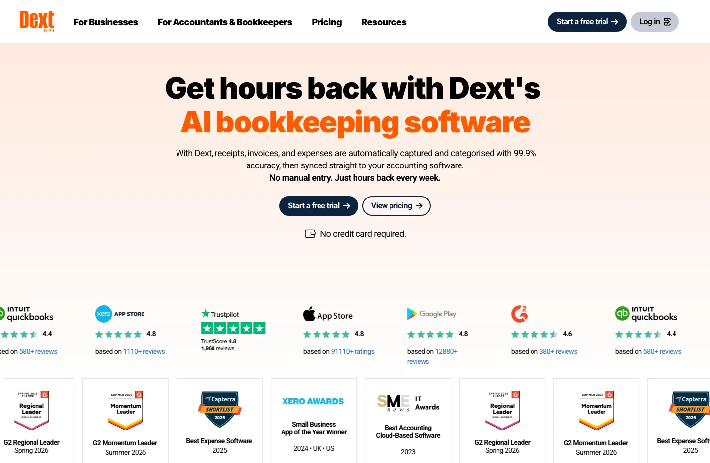 Dext home page, with its product proposal
