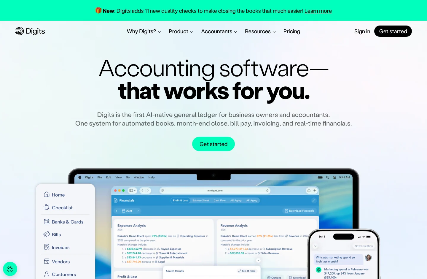 Digits home page, with its product proposal