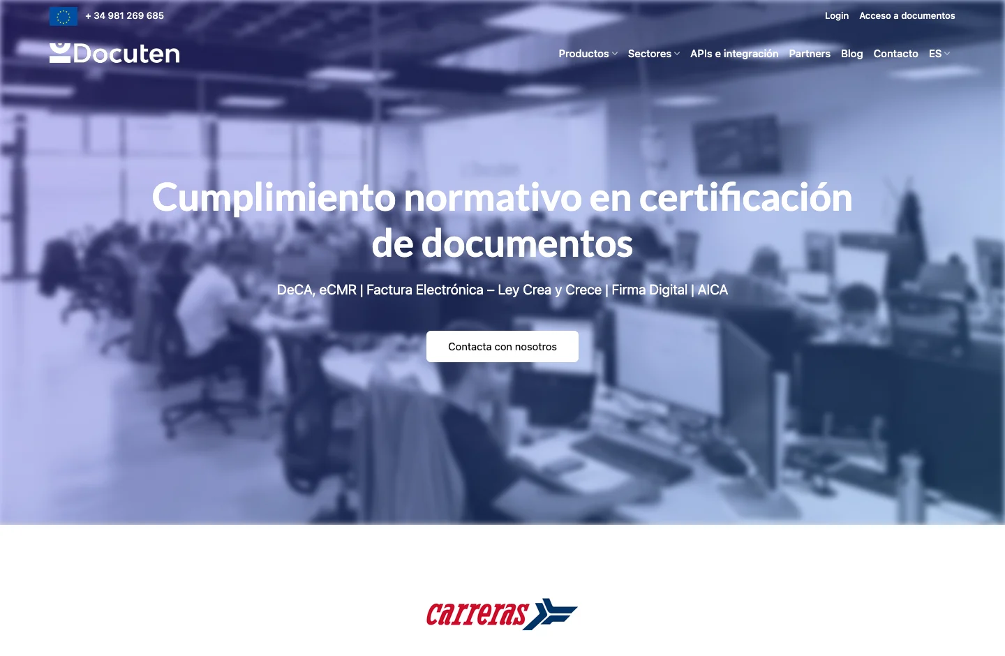 Docuten home page, with its product proposal
