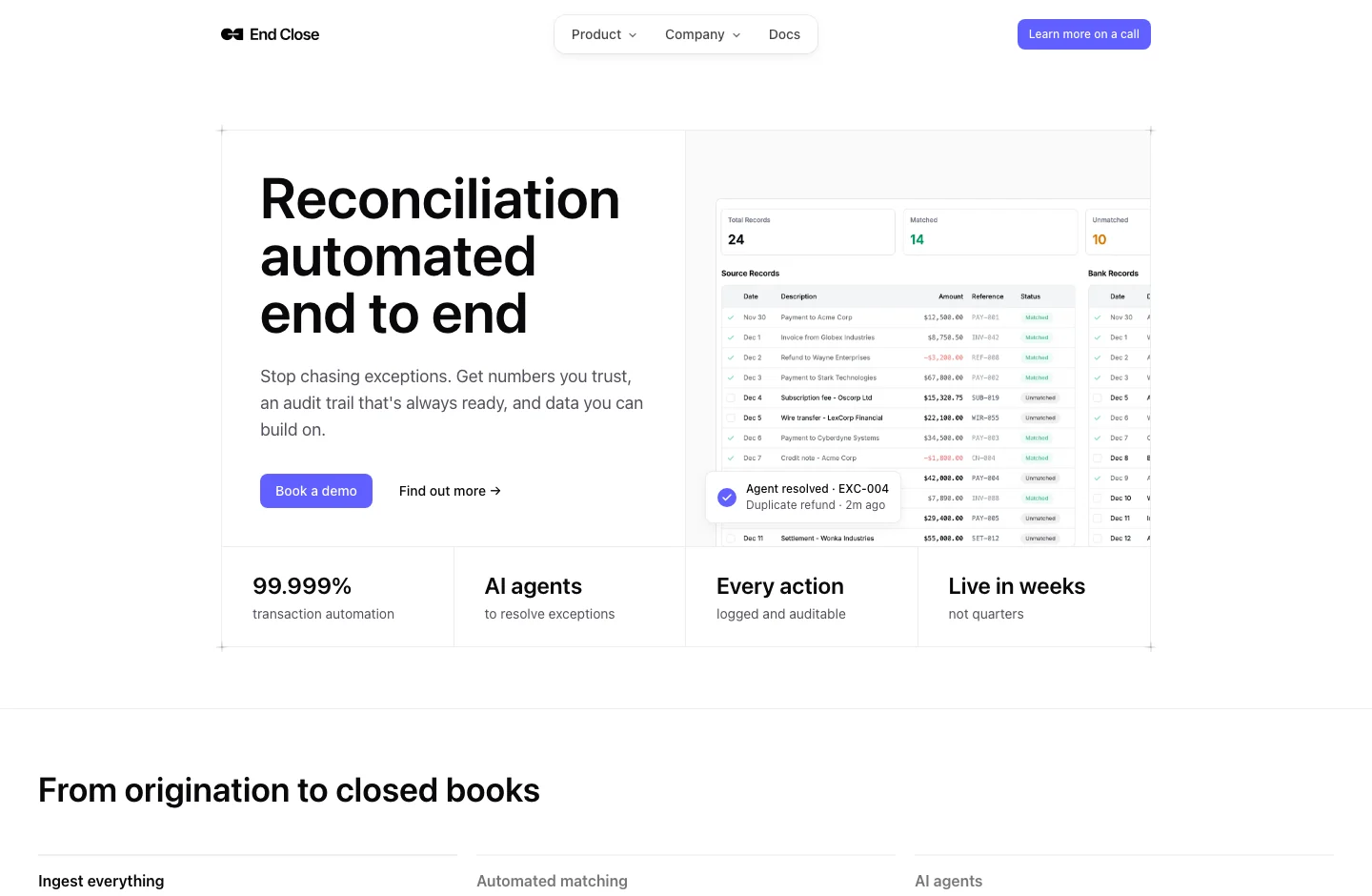 End Close home page, with its product proposal