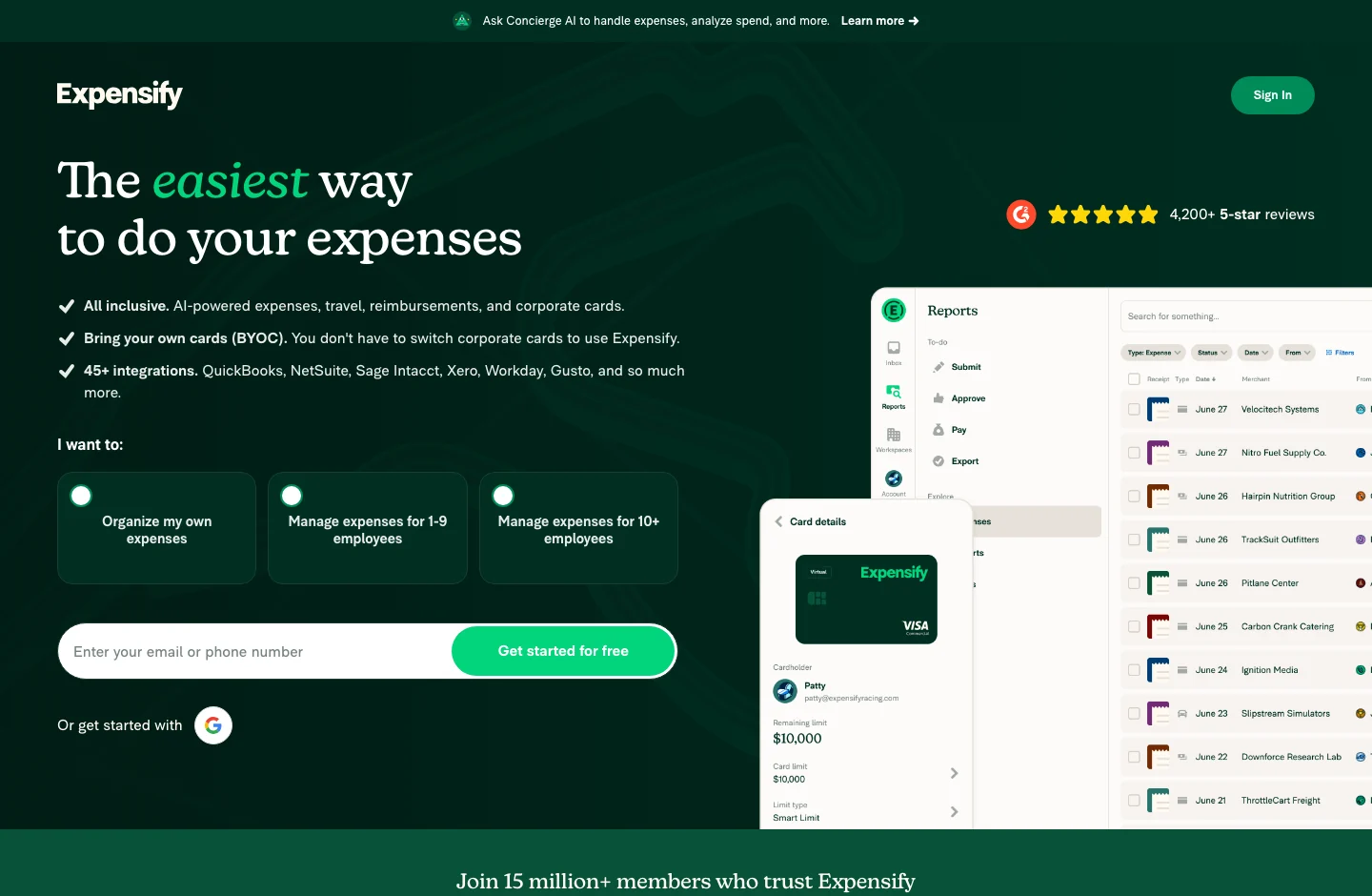 Expensify home page, with its product proposal