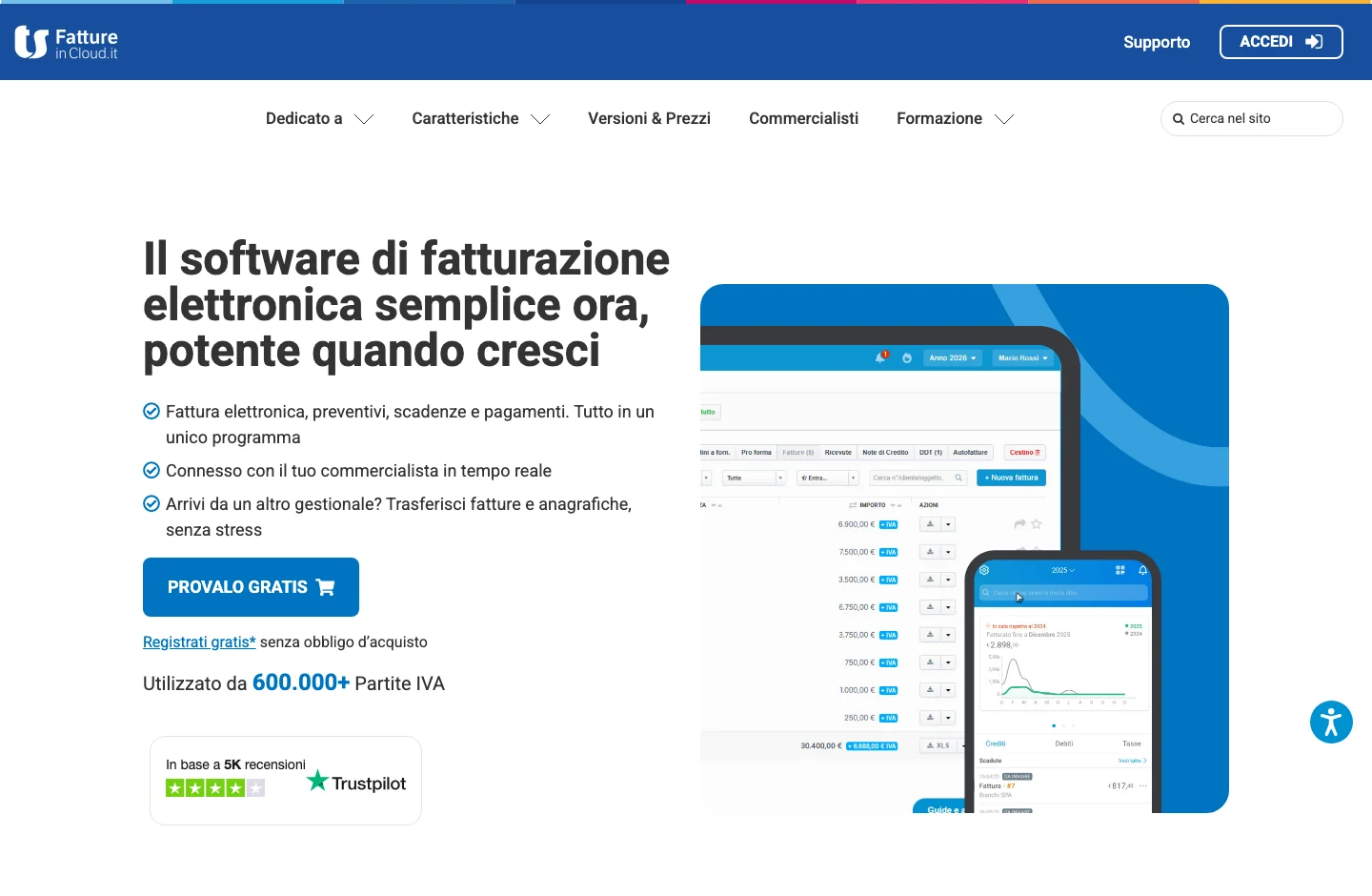 Fatture in Cloud home page, with its product proposal