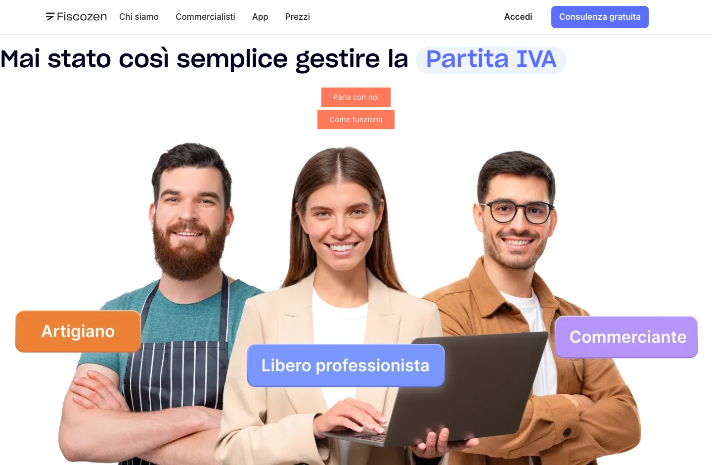 Fiscozen home page, with its product proposal