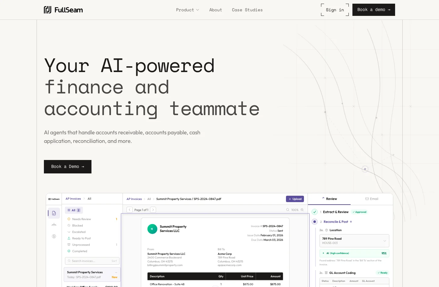 FullSeam home page, with its product proposal
