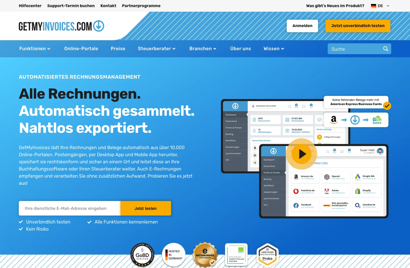 GetMyInvoices home page, with its product proposal