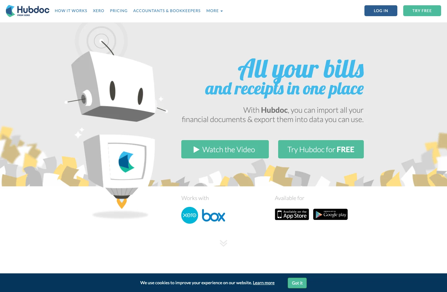 Hubdoc home page, with its product proposal