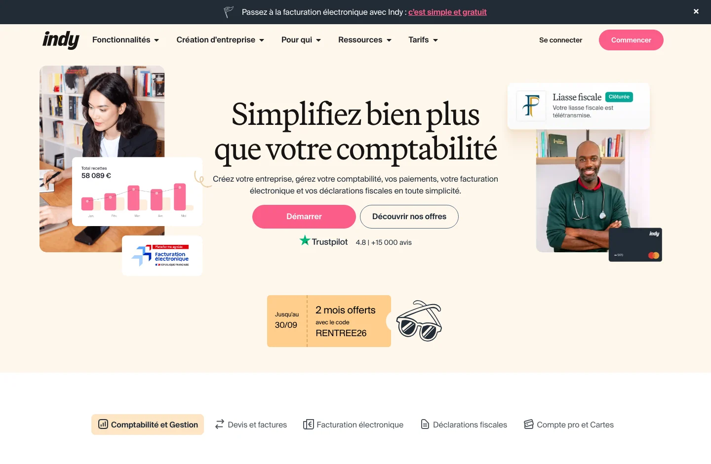 Indy home page, with its product proposal