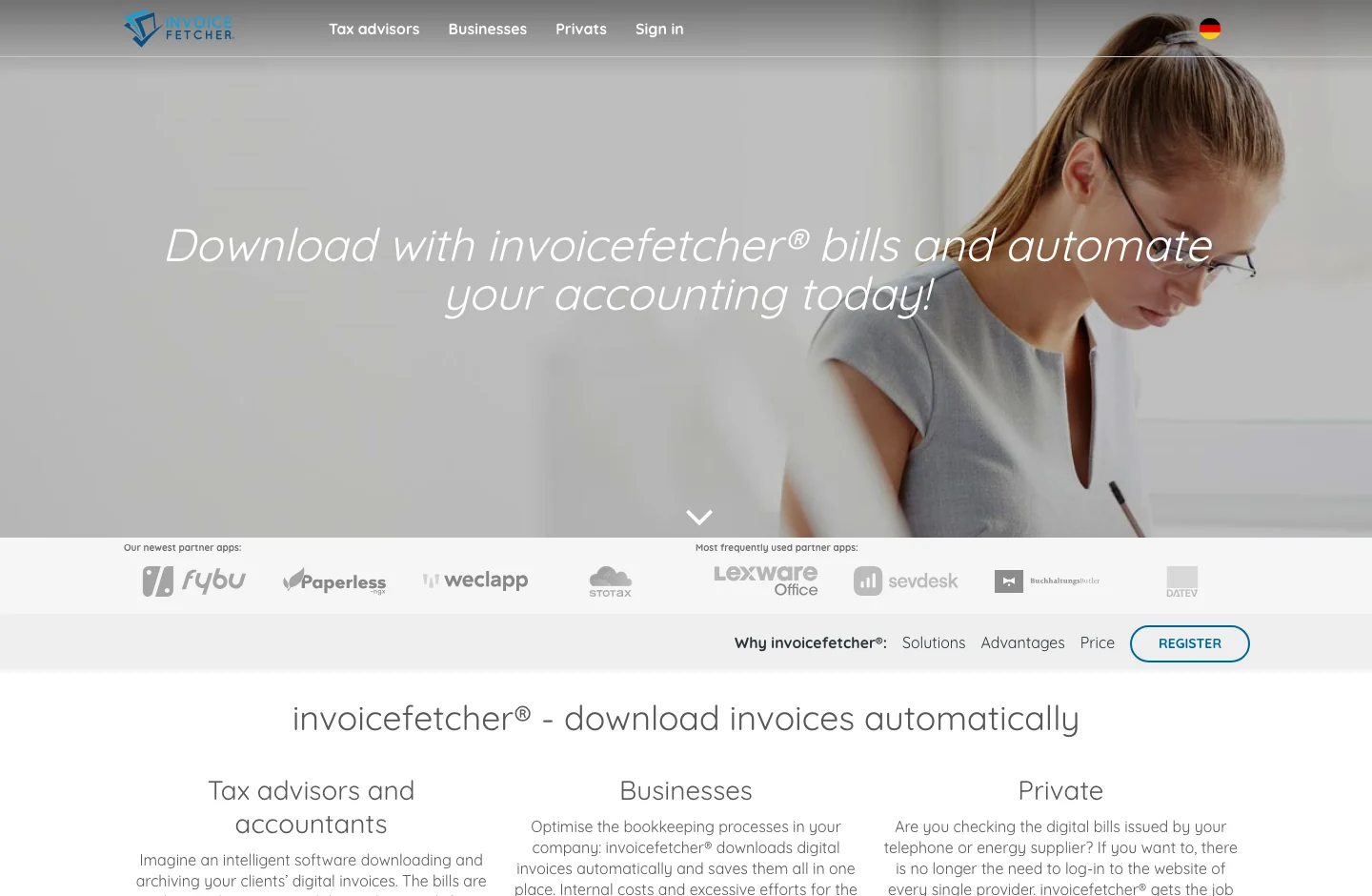 invoicefetcher home page, with its product proposal
