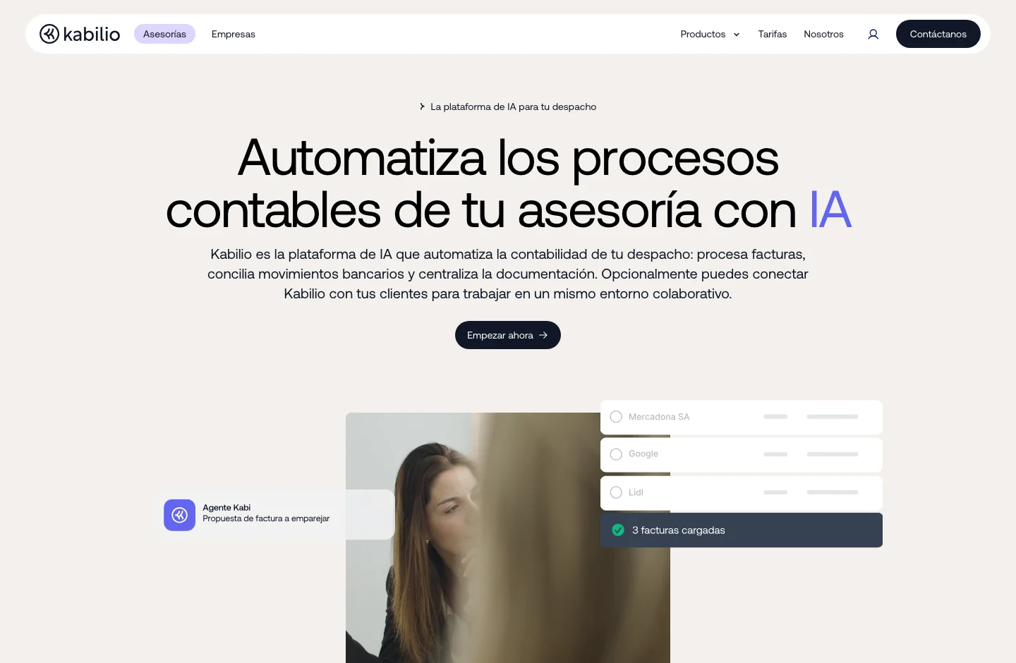 Kabilio home page, with its product proposal