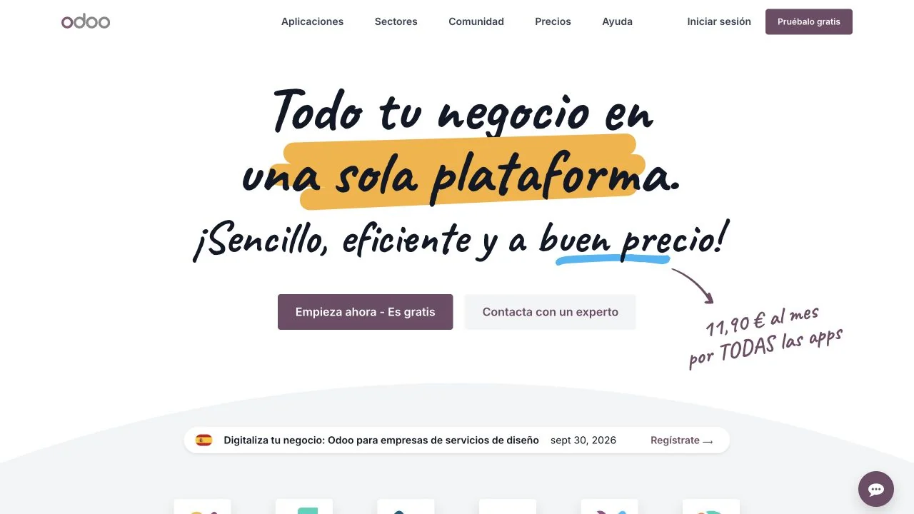 Odoo home page, with its product proposal