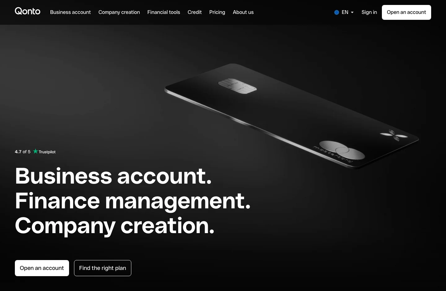 Qonto home page, with its product proposal