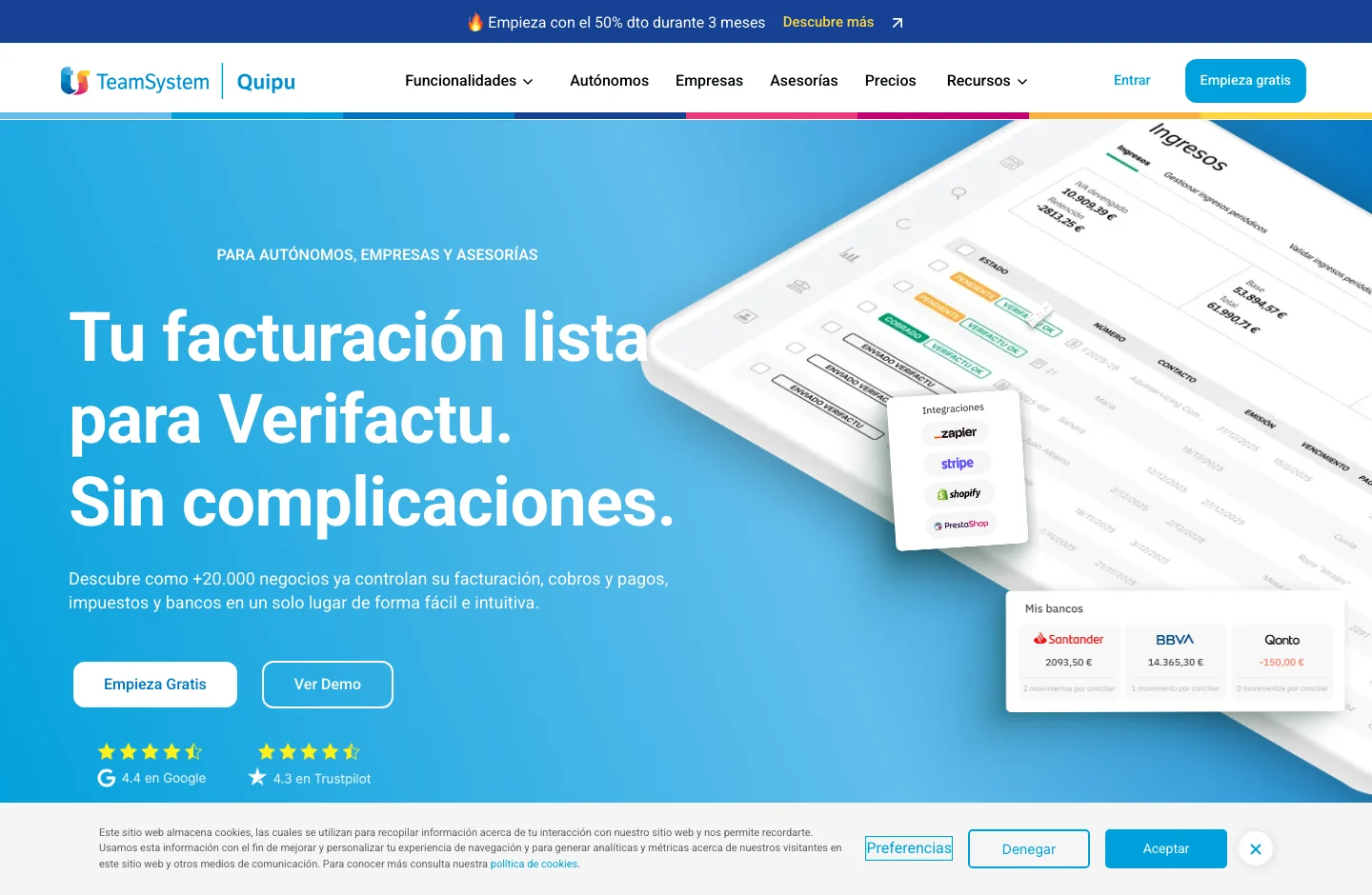 Quipu home page, with its product proposal