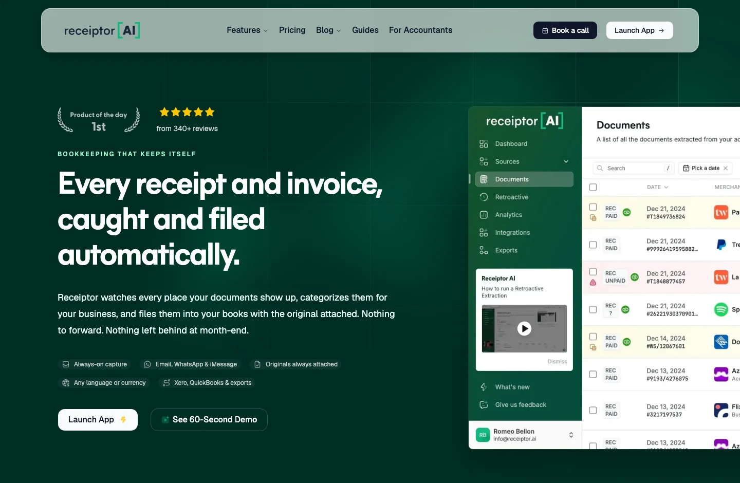 Receiptor AI home page, with its product proposal