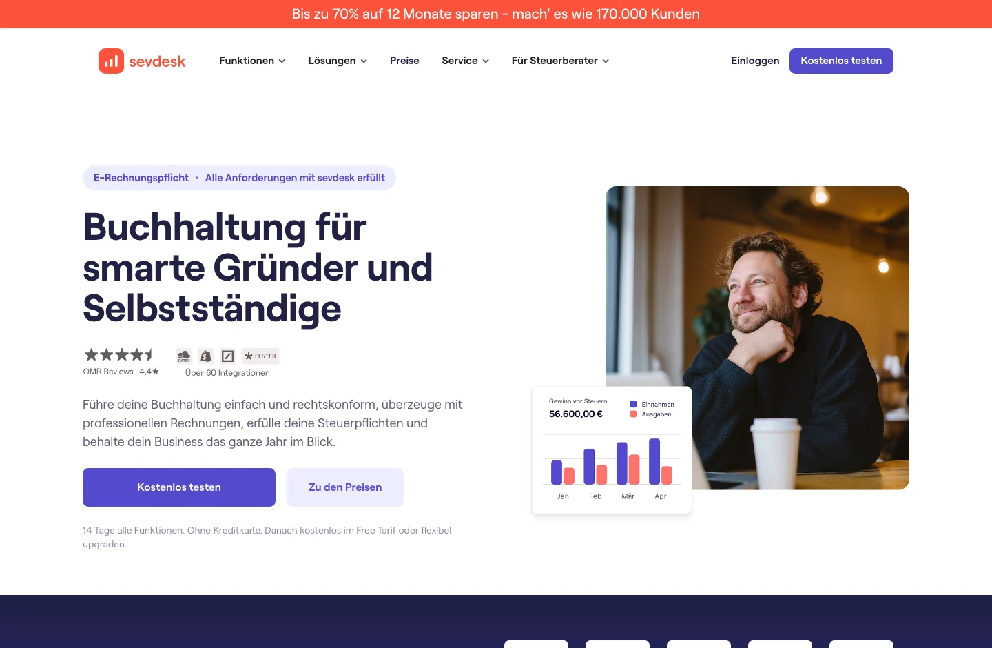sevdesk home page, with its product proposal