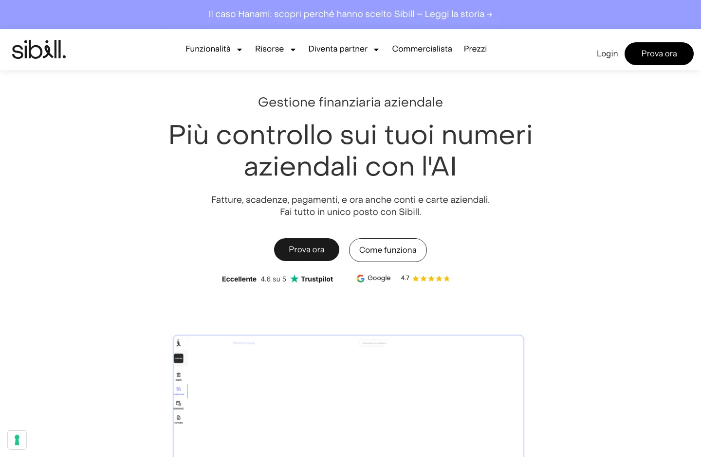 Sibill home page, with its product proposal