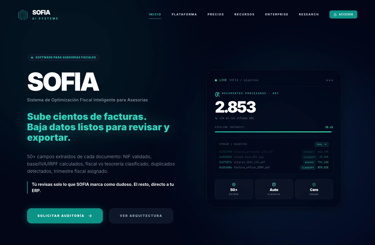 SOFIA AI home page, with its product proposal