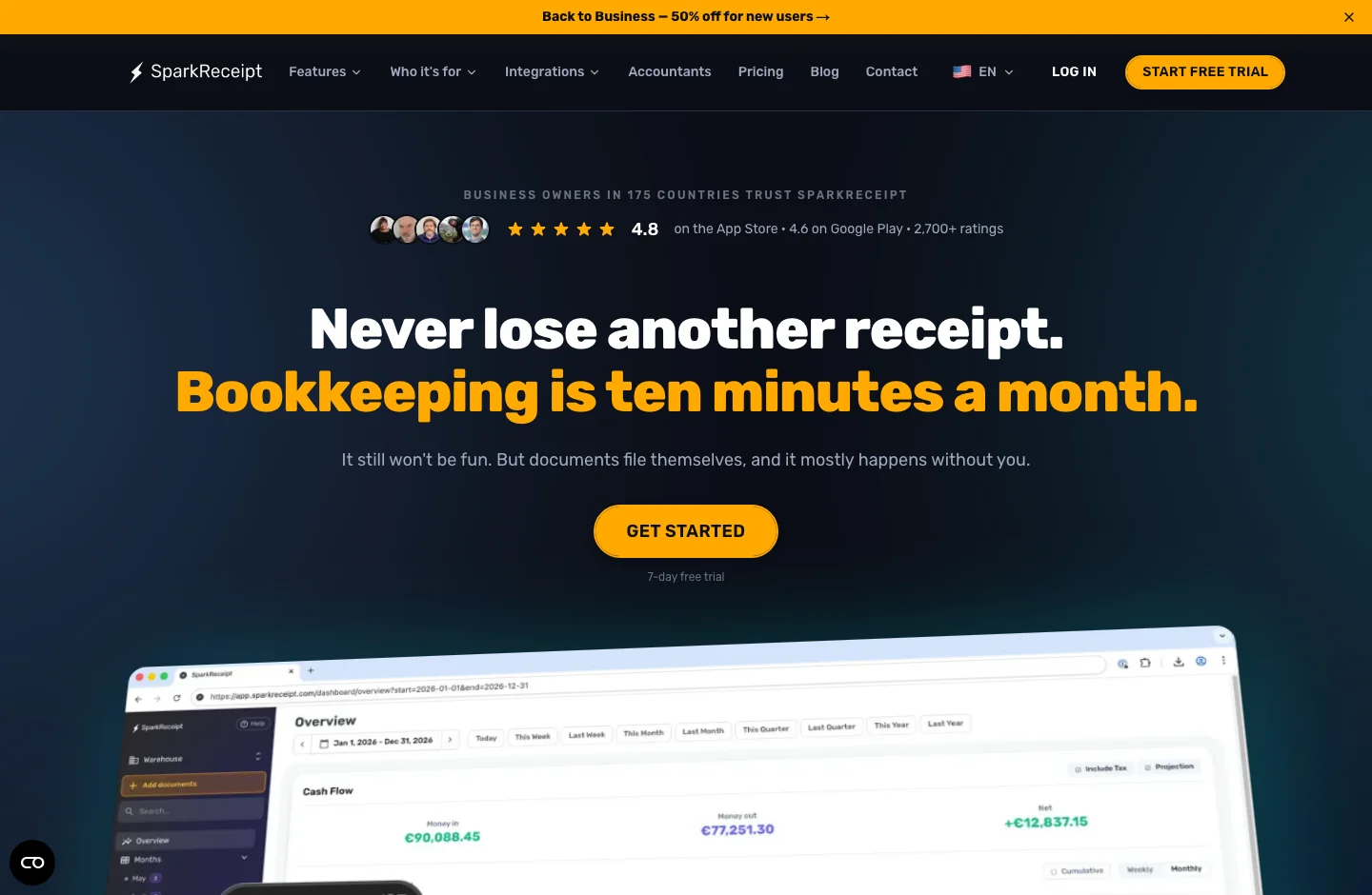 SparkReceipt home page, with its product proposal