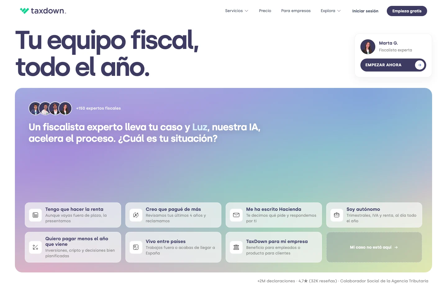 TaxDown home page, with its product proposal