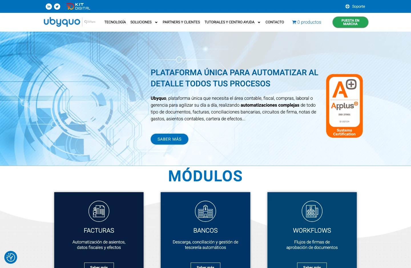 Ubyquo home page, with its product proposal